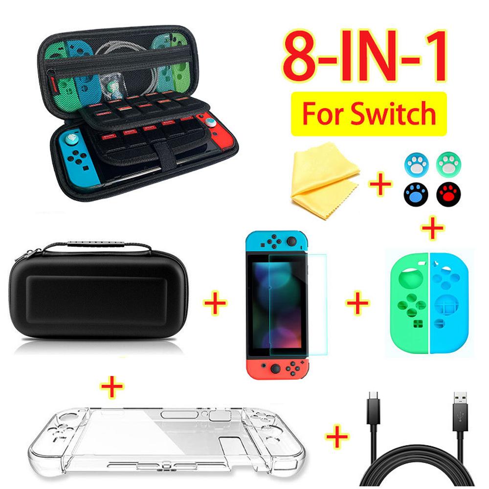 Taschen 8 in 1 Spielzubehörset Schwarz Rot Blau Für Nintend Switch OLED Reisetragetasche Displayschutzfolie Hülle Ladekabel