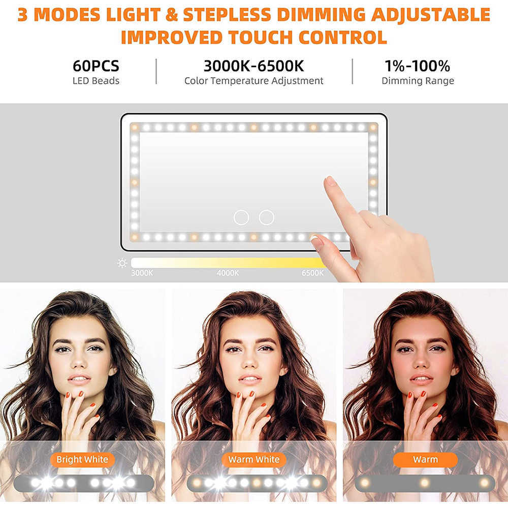 Car  Car Sun Visor Vanity Mirror Cosmetic Mirror Rechargeable Makeup Mirror with 3 Light Modes 60 Leds Dimmable Clip-on Rear Wireless