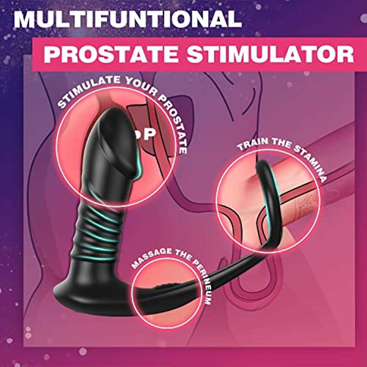 Vibratore spinta uomo Stimolazione della prostata Massaggiatore l'ano Anello il pene Plug anale il culo Vibratori dildo Gay adulti