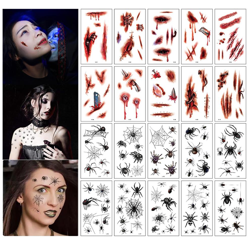 Tatouages 10sheets / pack Nouveau maquillage de visage de vacances Halloween et terreur araignée et masque cicatrice de conception de tatouage imperméable temporaire