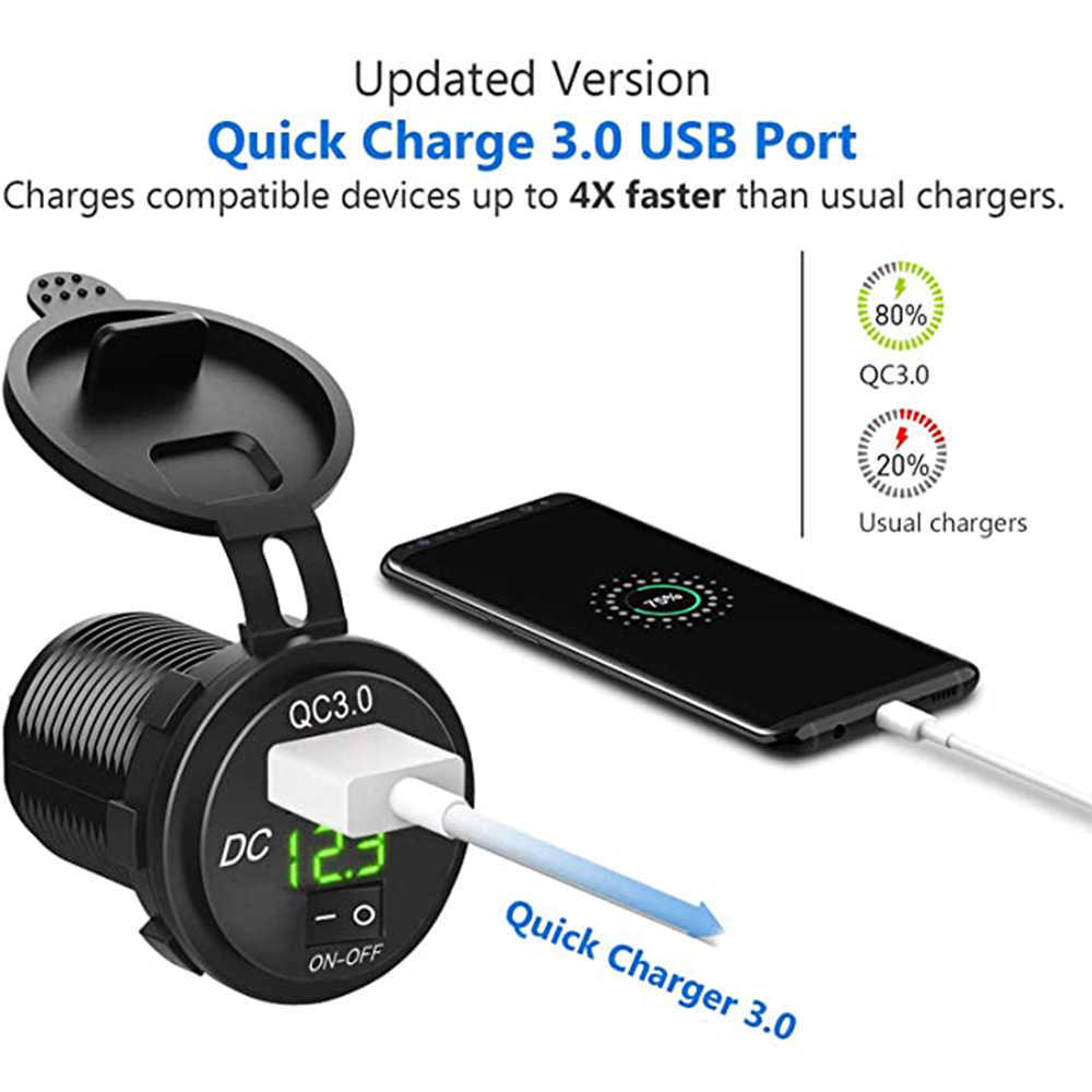 QC 3.0 12V/24V USB CAR CHARGERクイックチャージタバコ軽量USB充電器付きスイッチ電圧ディスプレイRV RV