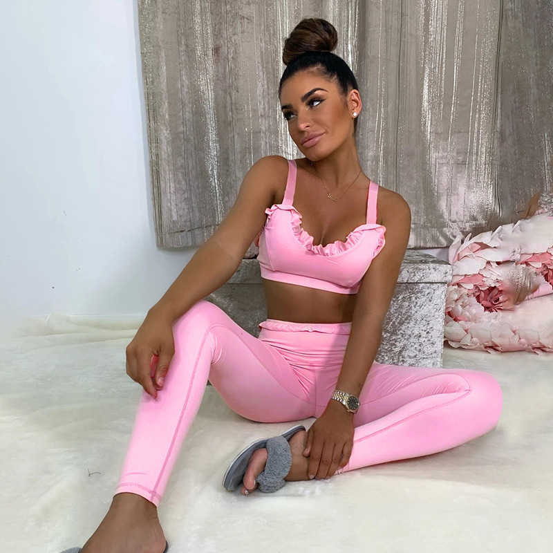 Women's Two Piece Pants Vamos Todos 2021 Summer Girl Ruffle Crop Tank Outfit Womens Loungewear Set Sexy Pajamas Fitness Leggings Tracksuits T230531