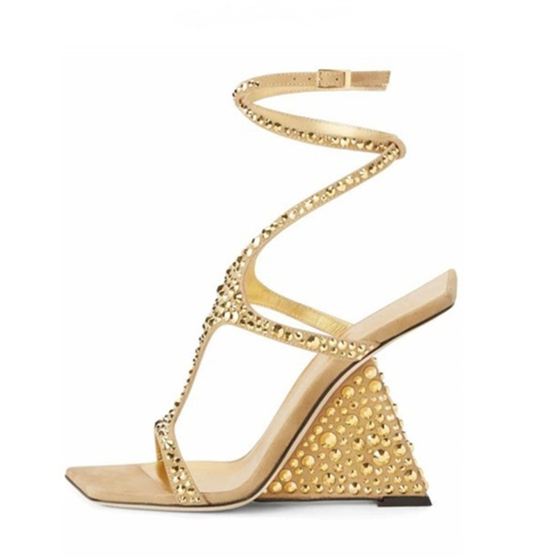 Womens Sandals Summer 2023 High Heel Wedges Crystal Women Pumps Cross Strap Gladiator Sandalias Designer Lady Gold Dress Shoes