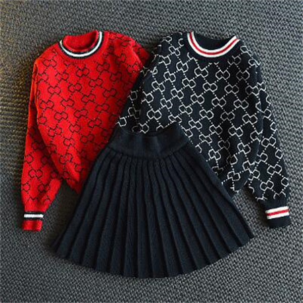 New Spring and Autumn Baby Girl Kids Clothing Allmatch Knitted Sweater Top and Pleated Skirt Suit