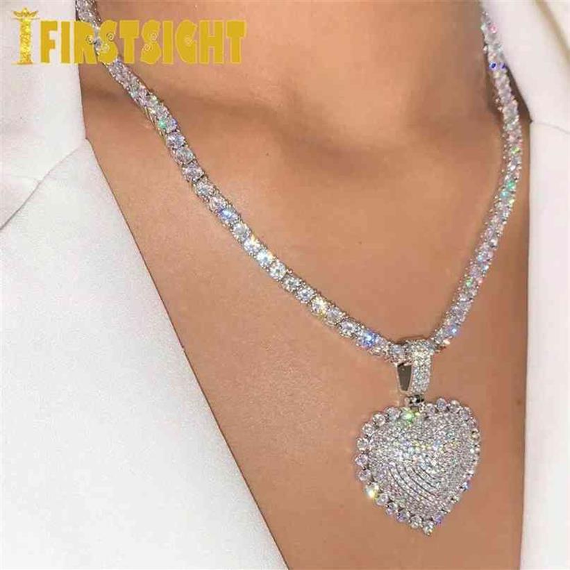 Gargantilla con colgante de corazón de color plateado HipHop con circonita cúbica 5A CZ, collar de cadena de tenis de piedra, joyería para mujer 2107212326