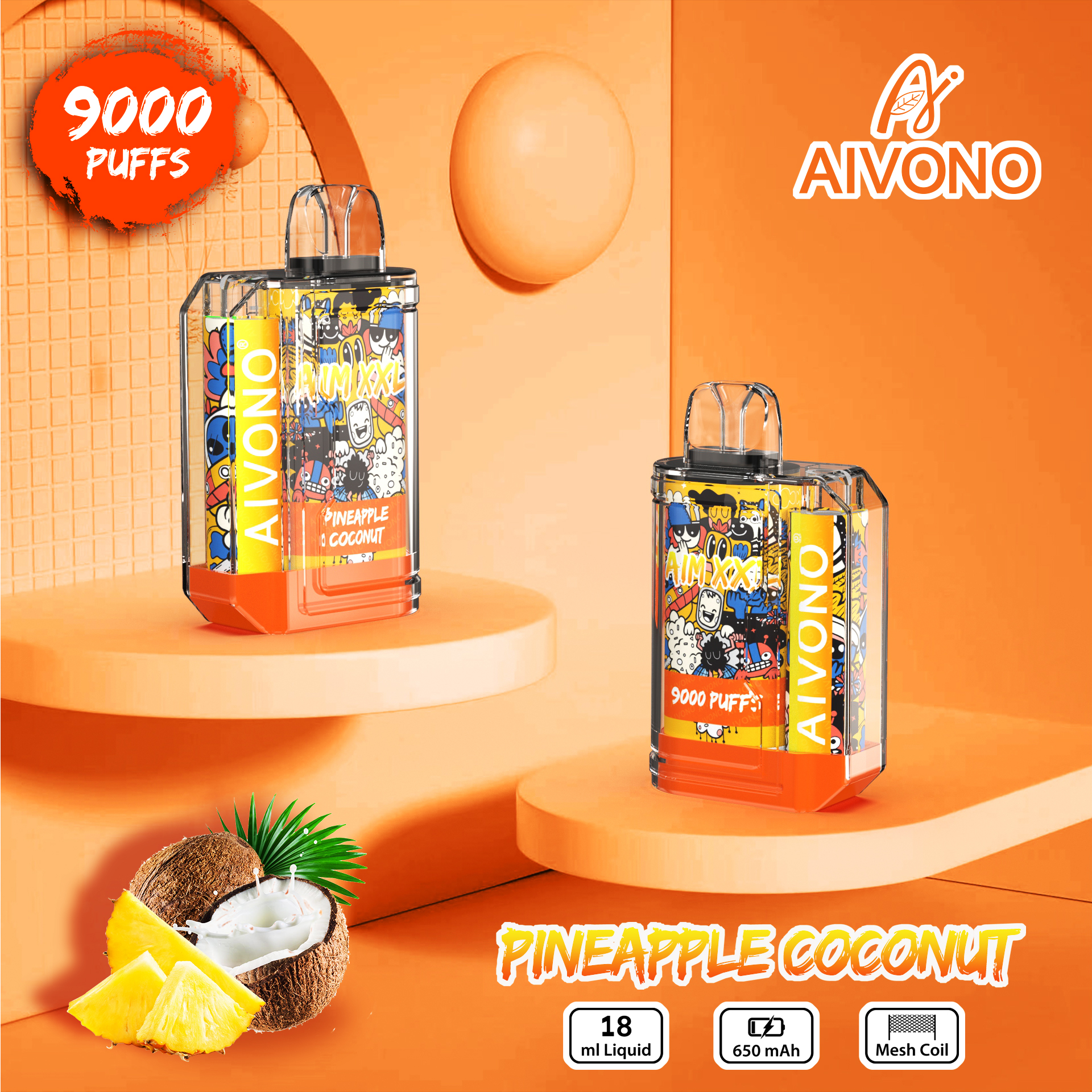 Atacado Original AIVONO AIM XXL 9000 Puffs apresentam um recipiente de E-líquido pré-cheio de 19ml e uma bateria recarregável integrada de 650mAh