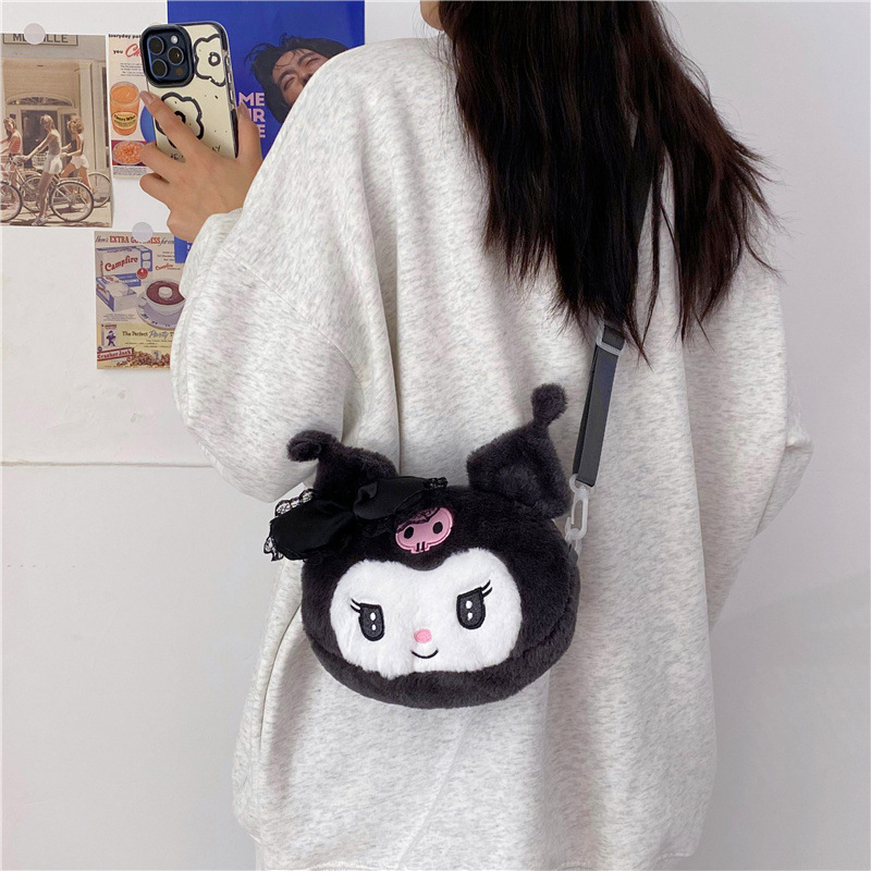 22cm New Cartoon Japanese Kuromi Doll Diagonal Straddle Bag Lace Devil Melody Plush Shoulder Bag