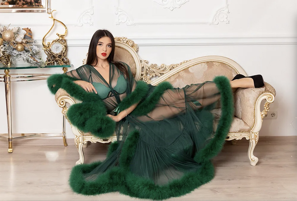 2023 Green Womens Ovraps Sexy Faux Fur Lady Sleep Faar Winter Bathobe Sheer Nightgown Długość podłogi szatę druhna szal