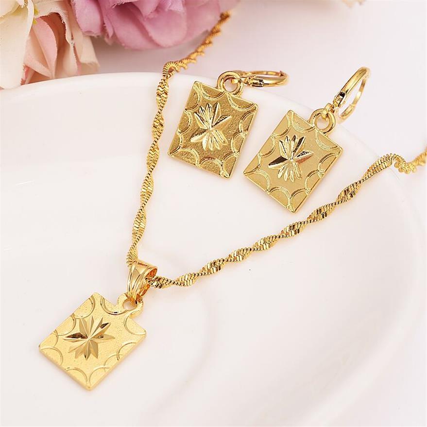 african dubaii india arab Fashion Shield Pendant Necklace Set Women Party Gift Solid Gold Filled square Earrings Jewelry Sets210K