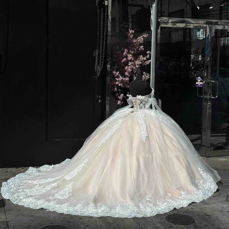 Lekkie szampan vestidos de 15 anos quinceanera sukienki koronkowe koraliki z ramion princesa dziewczyny noszą długie suknie na imprezę balową