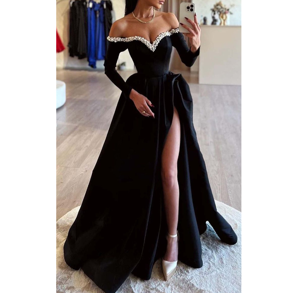 Black Off The Shoulder Prom Dresses Sequined A-Line Long Sleeve Women Side Split Formal Dress Beach Evening Dresses Plus Size YD