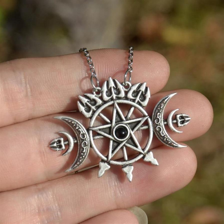 Colliers pendentifs Sigil d'Hécate Triple Lune Pentagramme Collier Gothique Wicca BijouxPendentif ColliersPendant237F