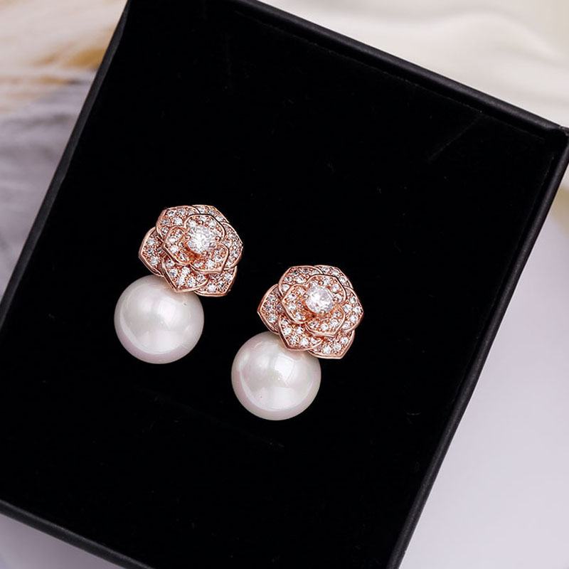 Lovely Diamond Zircon Camillia Flower Pearl Earrings For Woman Girls Super Glittering Ins Fashion Luxury Designer