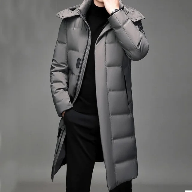 Moda masculina inverno longo casaco de pele com capuz à prova de vento quente jaqueta grossa