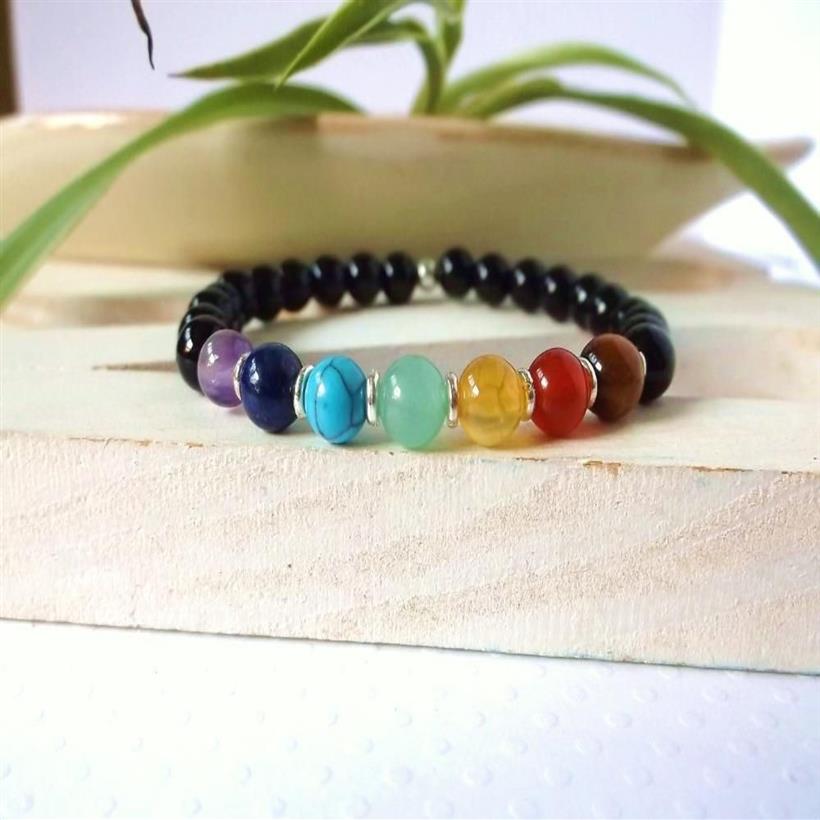 Fili di perline 7 Chakra Bracciale in pietra di onice nero Guarigione spirituale gioielli da donnaBeaded225j