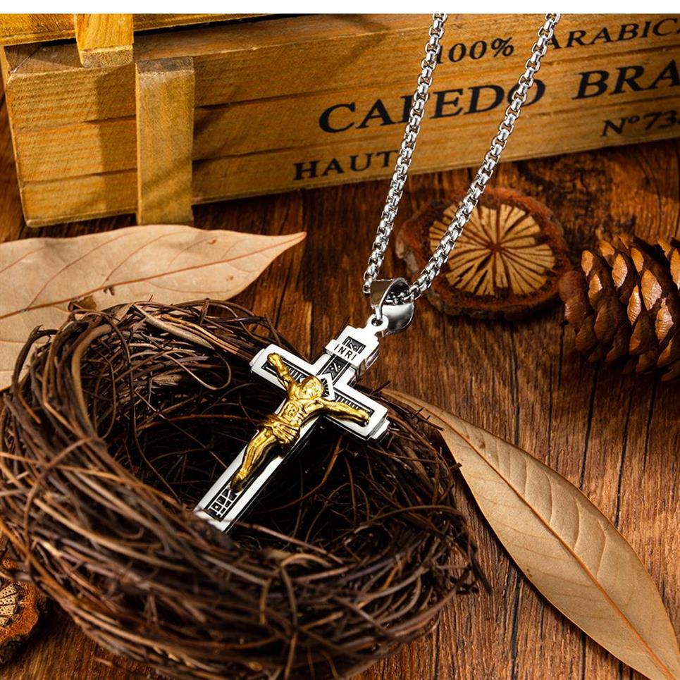 Jesus cruz pingente colar ouro preto arma banhado a aço inoxidável moda jóias religiosas para mulher men282m