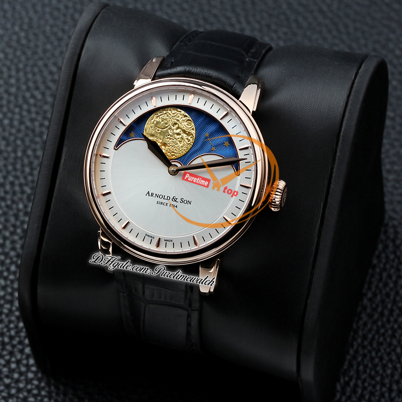 ArnoldSon HM Perpetual Moon Stellar Rays AS1512 Механические мужские часы с ручным заводом Розовое золото Серебристый циферблат 1GLAS.U02A.C122S Черная кожа Британский бренд Super Edition Puretime