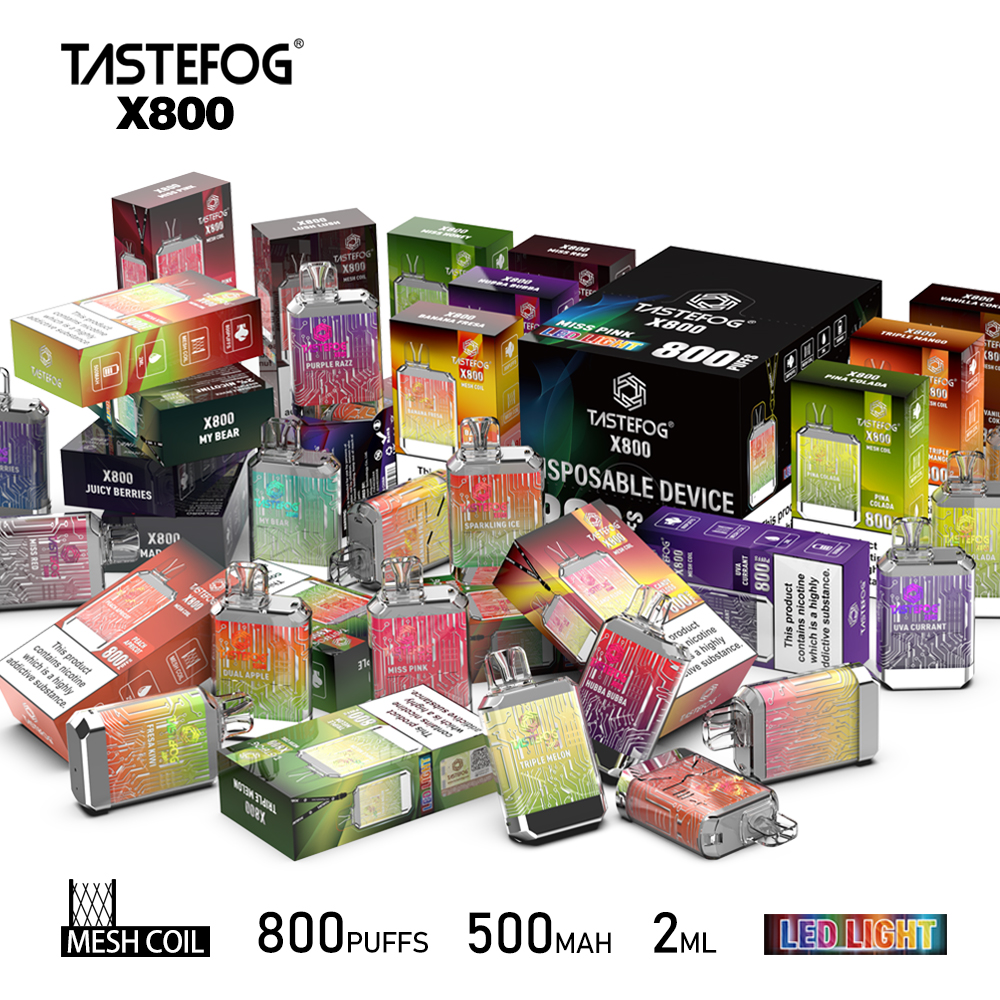 Nova chegada Tastefog 800 baforadas Vape descartável X800 Crystal Vape LED Flash E Cigarro