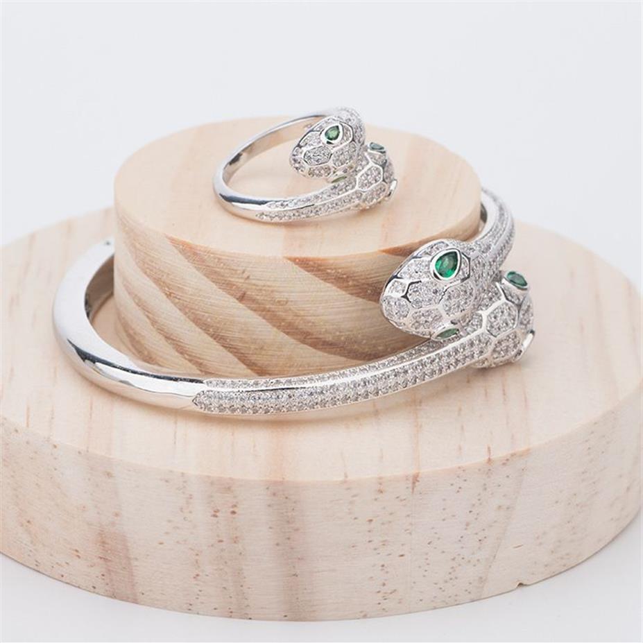 Nya modemärken smycken set lady mässing fulla diamantgröna ögon dubbel huvuden orm orm 18k guld armband ringar set 268t
