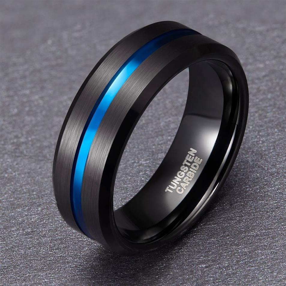 Anel de carboneto de tungstênio masculino, 8mm, linha azul, preto, para noivado, casamento, joias, anel maçônico, bague homme 2012182645