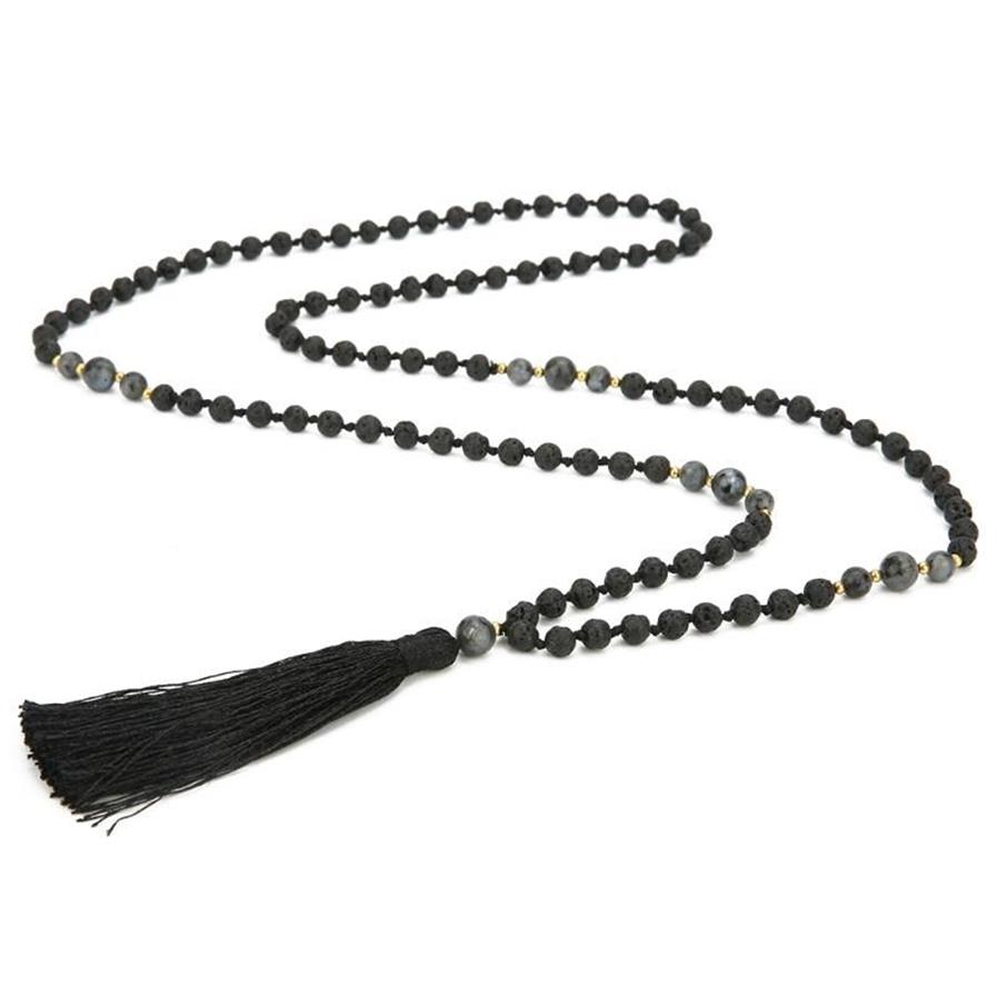 Perles Mala 6mm pierre volcanique nouée méditation bijoux semi-précieux hommes et femmes collier de charme suspendu pendentif pompon noir N219l