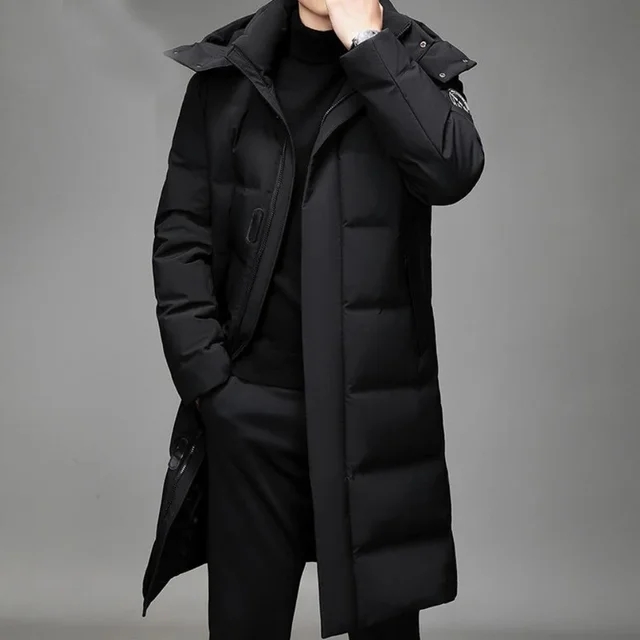 Moda masculina inverno longo casaco de pele com capuz à prova de vento quente jaqueta grossa