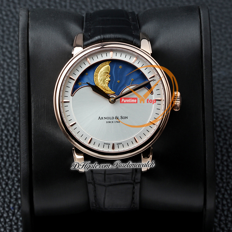 Arnoldson HM Perpetual Moon Stellar Rays AS1512 Handsår Mekanisk män Titta på Rose Gold Silver Dial 1glas.U02A.C122S Black Leather UK Brand Super Edition Puretime