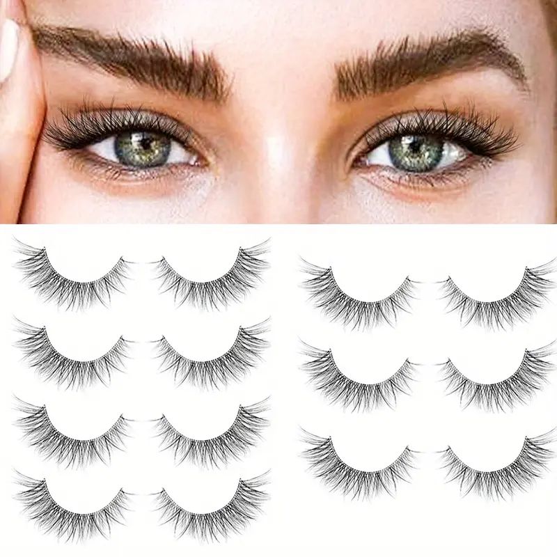 7 par korta falska ögonfransar naturliga look wispy fransar faux mink transparent stam korsade kattögon fransar