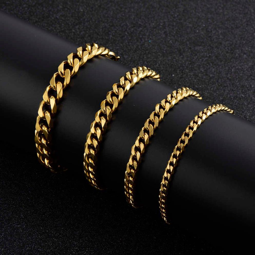 Edelstahl-Gold-Armband für Herren, kubanische Gliederkette an der Hand, Stahlketten, Armbänder, Charme, ganze Geschenke für männliche Accessoires Q060277C