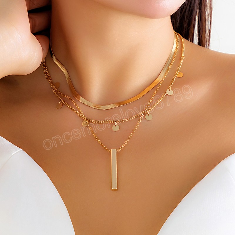 Layered Chain with Sequin and Stick Pendant Necklace for Women Trendy Chains on the Neck Accessories Fashion Jewelry Female Gift