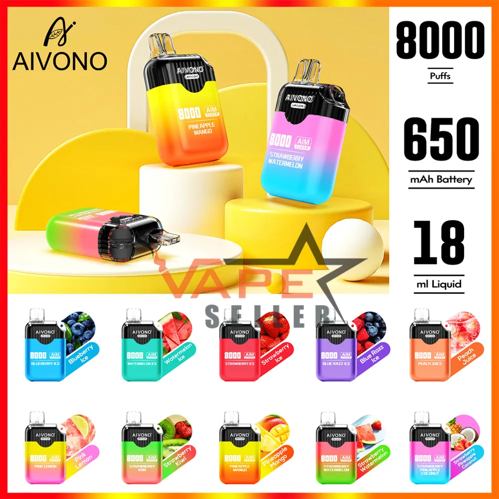 Aivono Aim Clear 8000 bouffées de cigarette électronique rechargeable 650 mAh batterie jetable 0 % 2 % 5 % Nic 10 saveurs U