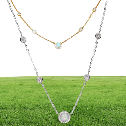 Silver Gold Rose Gold CZ Station Opal Necklace Fine 925 Sterling Silver Jewelry Round Geometric Charm Link Chain Collar FA3396805