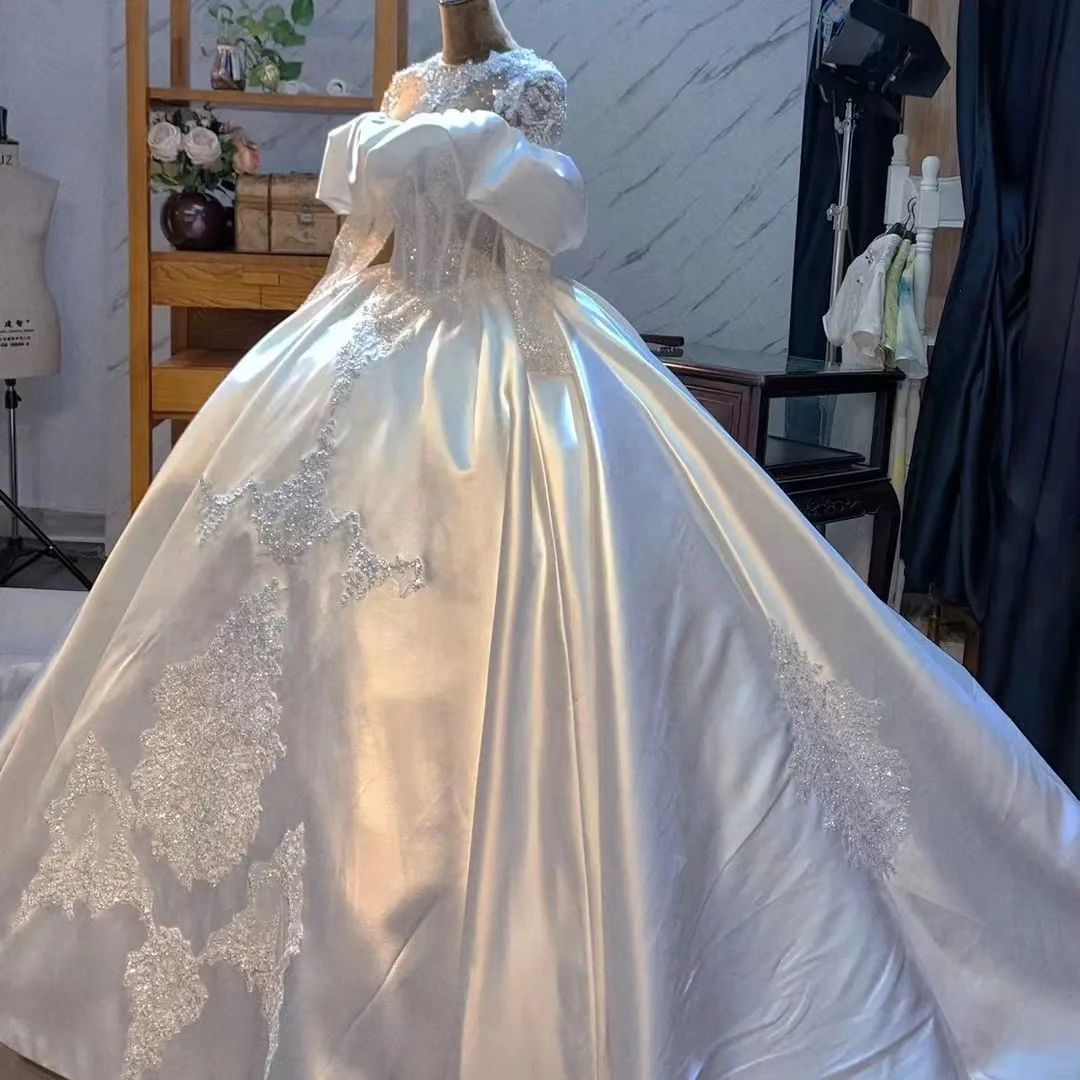 Lindo vestido de baile de renda vestidos de casamento mangas compridas frisado vestido de noiva lantejoulas trem varredura cetim vestido de novia para noiva
