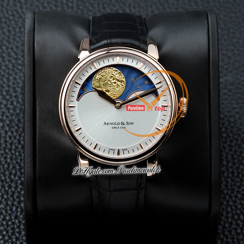 Arnoldson HM Perpetual Moon Stellar Rays AS1512 Hand GENT MENSICALACAL WATCH ROSE GOLD Silver DIAL 1GLAS.U02A.C122S LEATHED LEATHER BLACK BRAND SUPER EDITION