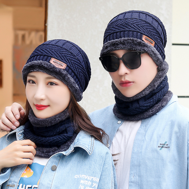 Winter Wool Neck Scarf Cap For Men Women Thick Warm Velvet Beanie Hat Knitted Hat Outdoor Riding Hat Mask Bonnet Hats Set Scarf