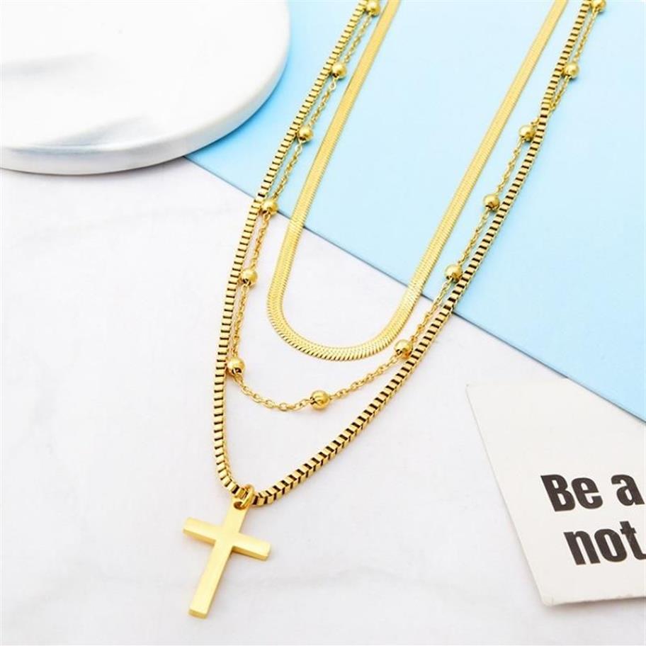 Chokers Multi Layer Snake Bone Chain Halsband Fashion Three-Layer Cross Pendant Titanium Steel Sweater224d