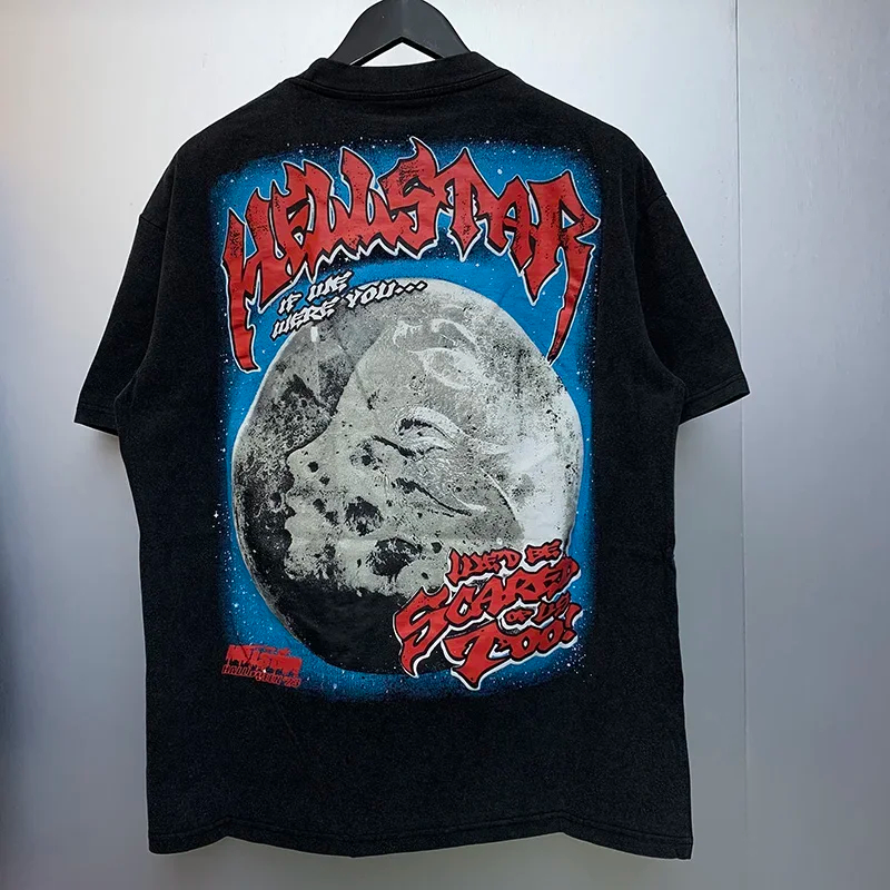 Hip Hop Print T-Shirt Herren Damen Baumwolle Vintage Washed Black Tee Top Übergroß