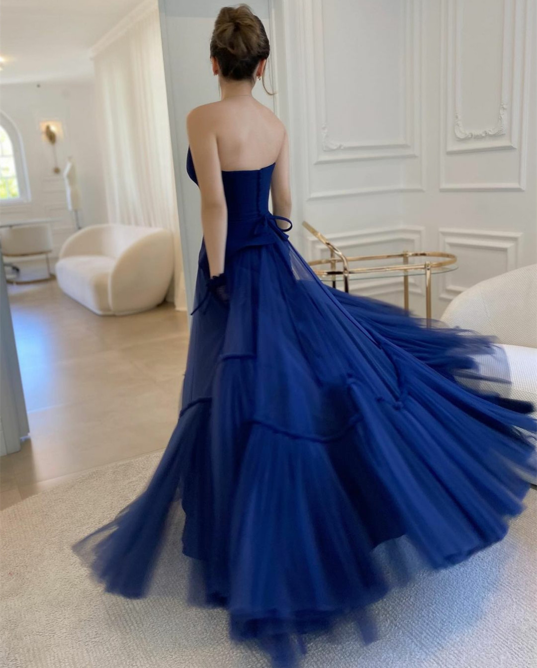 Elegant Long Tulle Navy Blue Prom Dresses A-Line Sleeveless Custom Floor Length Tiered Party Dress Maxi Formal Evening Dresses for Women