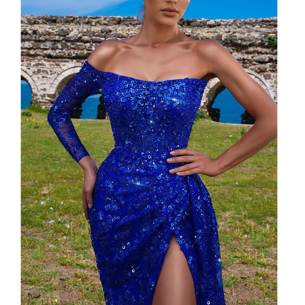 Royal Blue Short Prom Dresses Women Elegant Evening Dress Long Sleeves Illusion Satin Sexy Graduaton Party Vestido De Gala