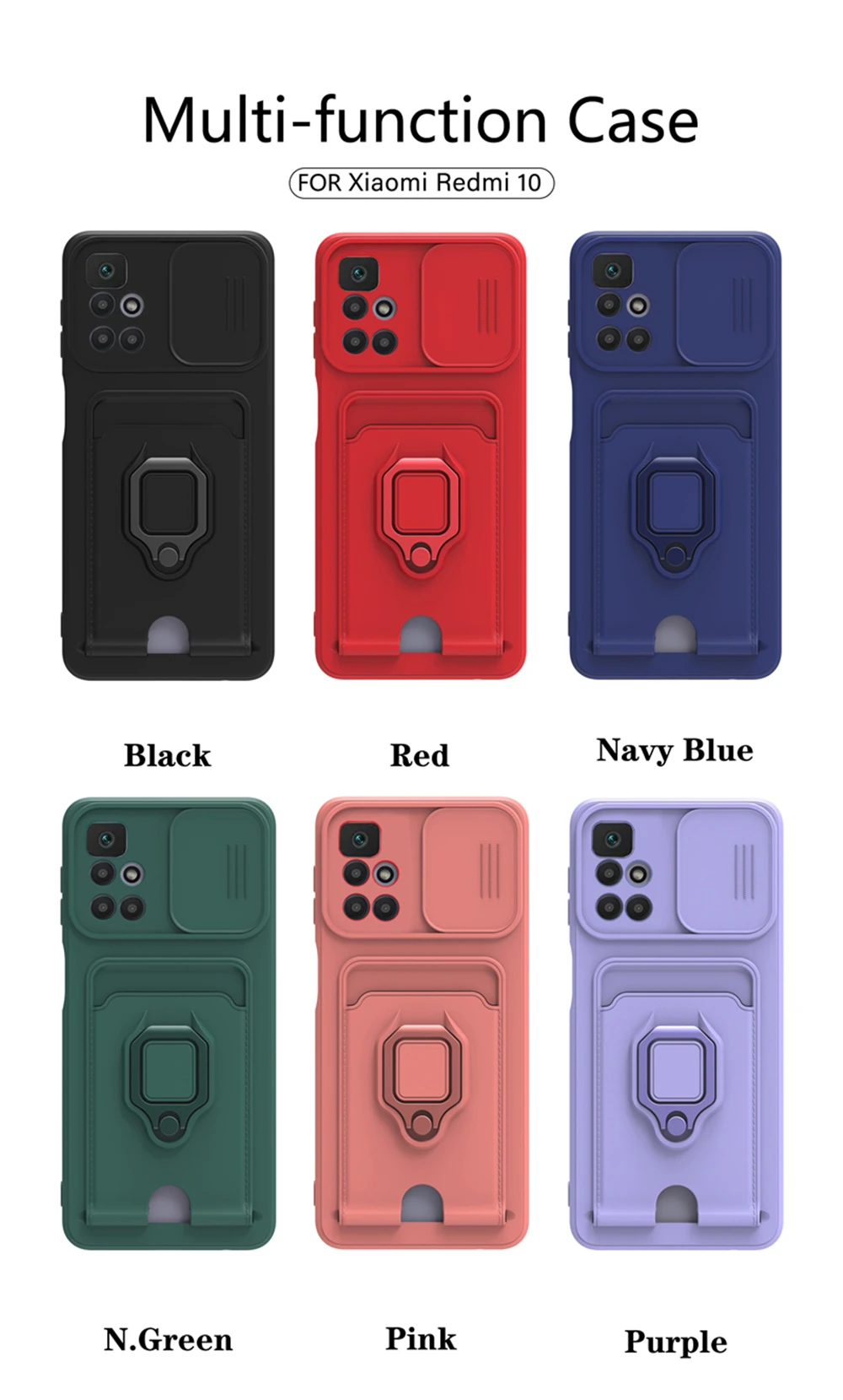 Coque de téléphone avec anneau de carte de caméra coulissante, étui de téléphone pour Xiaomi POCO M3 X3 NFC C3 11 Lite Redmi Note 11 10 9 Pro Max 9S 9T 9C, béquille magnétique, mince, souple et flexible, en TPU, résistant aux chocs