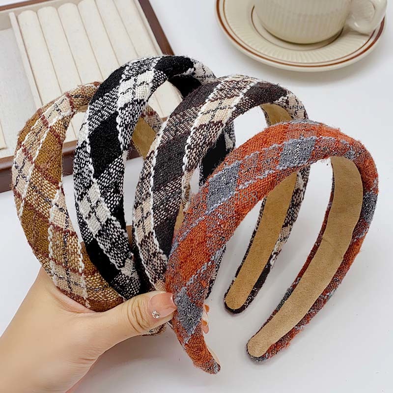 Nieuwe Vintage Plaid Wol Spons Haarband Voor Vrouwen Elegant Haar Versieren Hoofdband Haar Hoepels Hoofddeksels Mode Haaraccessoires