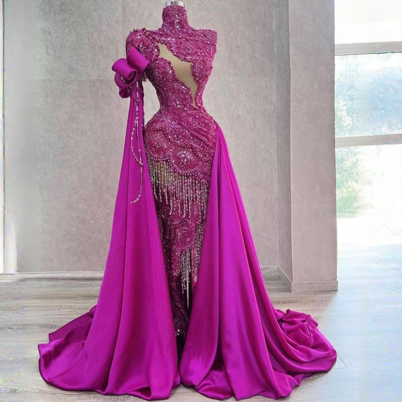 2023 Plus Taille Aso Ebi Robes De Bal Raisin Sirène Col Haut Dentelle Perles Robe De Fête D'anniversaire pour Les Filles Noires Deuxième Réception Gala Robes De Soirée Étincelantes ST567