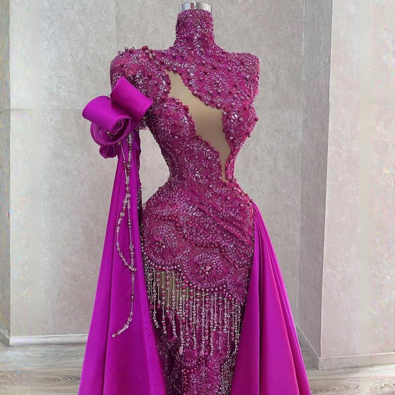 2023 Plus Taille Aso Ebi Robes De Bal Raisin Sirène Col Haut Dentelle Perles Robe De Fête D'anniversaire pour Les Filles Noires Deuxième Réception Gala Robes De Soirée Étincelantes ST567