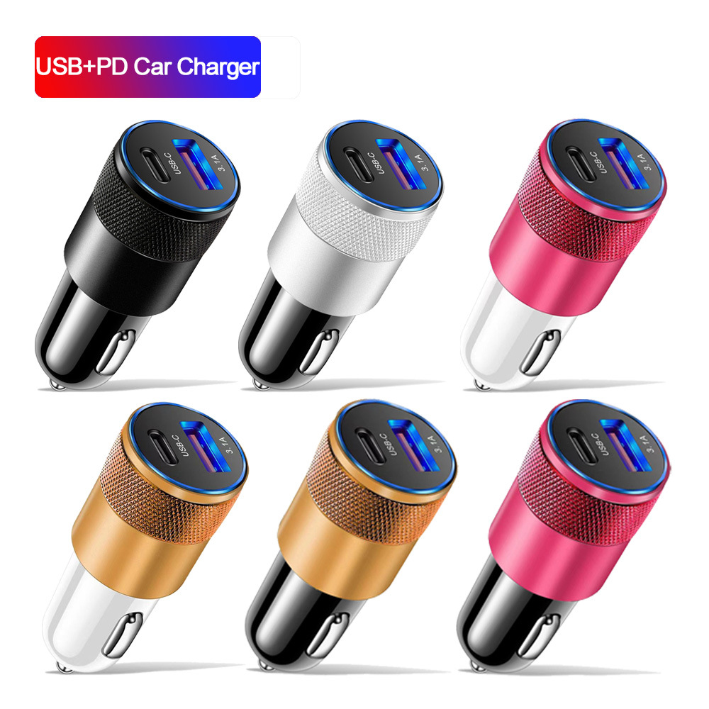 Podwójny port PD USB C TYP CAŁA CAMOŚCI AUTO AUTO Power Adapters 3.1A Ładowarki dla iPhone'a 14 13 12 11 15 Pro Max Samsung Xiaomi Huawei Android Telefon GPS PC