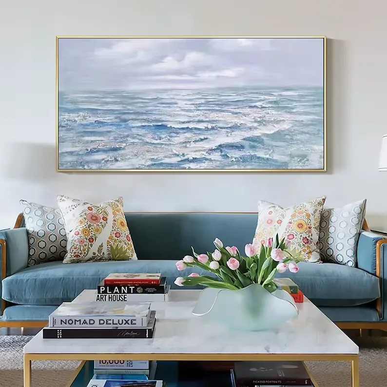 Grande dipinto ad olio grigio oceano su tela, trama astratta Paesaggio marino acrilico Arte moderna Soggiorno Decorazione della parete di casa, dipinto a mano