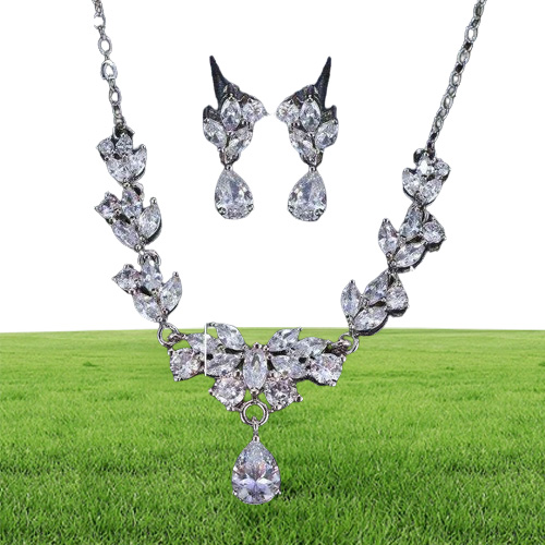 Ekopdee Luxus Brilliant Blattschmuck Set für Frauen Zirkon Silber Farbe Hochzeit Braut Halskette Ohrringe Parure Bijoux 2112049797718