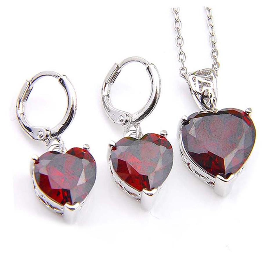 Luckyshine 5 zestawów biżuterii ślubnej Zestawy biżuterii wisiorki kolczyki serce czerwone klejnoty granatowe 925 Srebrne naszyjniki Silności Prezent 223V