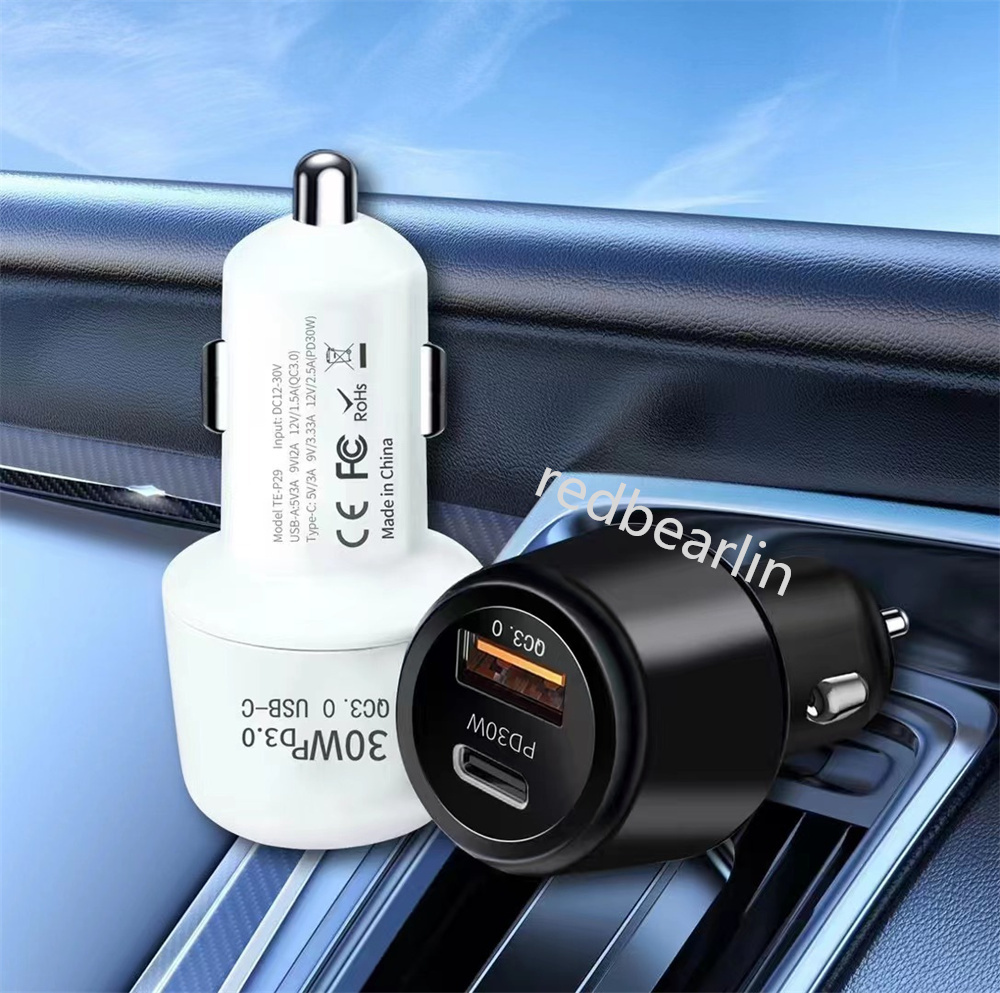 Szybki szybki Charigng QC3.0 PD30W 48 W podwójne porty USB C ładowarki samochodowe Auto Power Adapter do iPhone'a 11 12 13 14 15 Pro Samsung S23 S24 Xiaomi z pudełkiem detalicznym