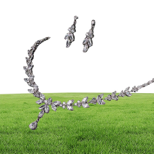 Ekopdee Luxury Brilliant Leaf Dewelry Set для женщин циркона серебряный цвет свадебное свадебное ожерелье Серьги Паура