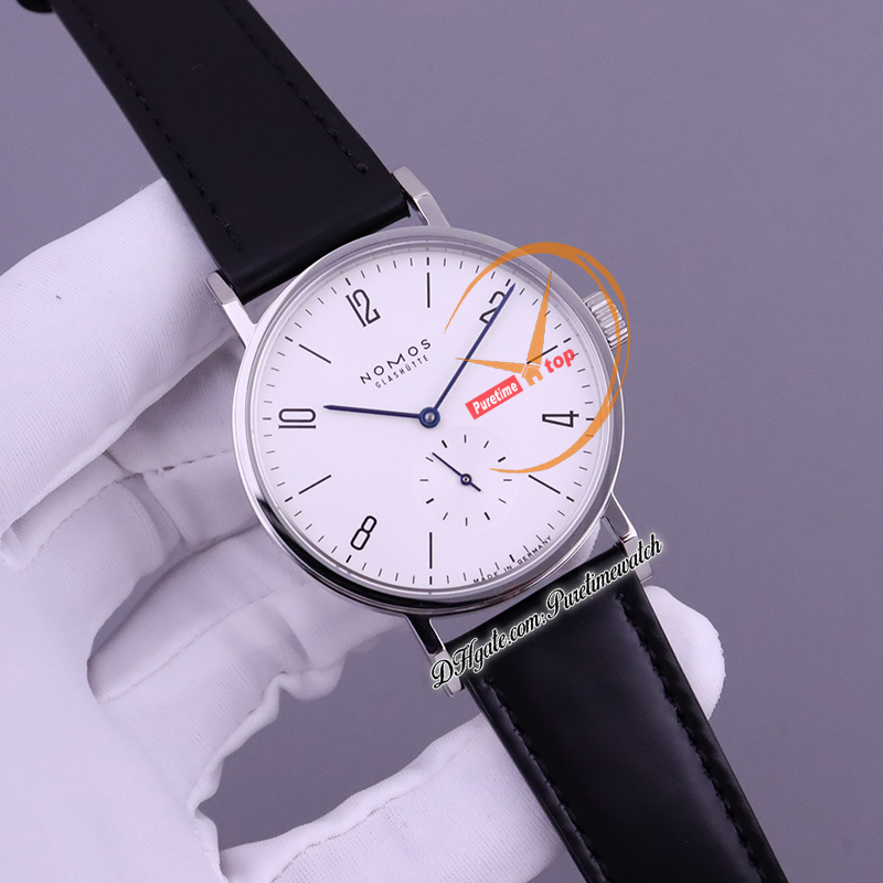 Nomos Tangente 101-139 Orologio automatico da uomo TWF Cassa in acciaio da 40 mm Quadrante bianco Marcatori romani Cinturino in pelle nera Marchio tedesco Super Edition Reloj Hombre Puretime B2